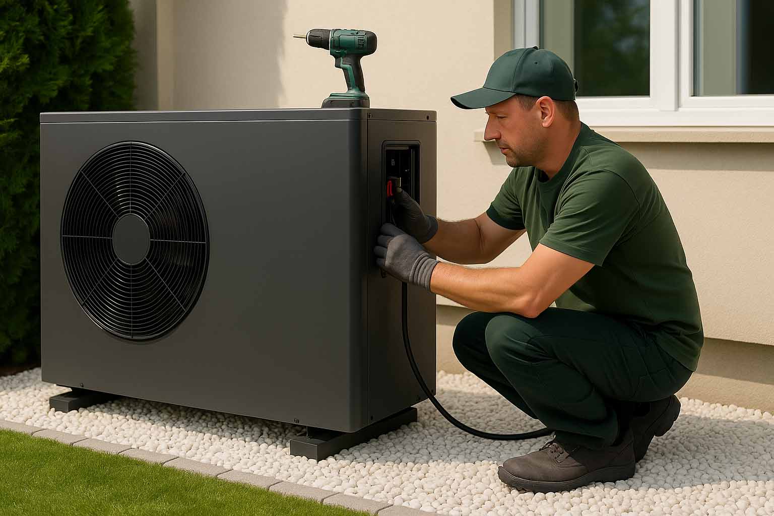 Technik inštaluje tepelné čerpadlo